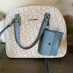 Calvin Klein Monogram Beige and Blue Shoulder Bag